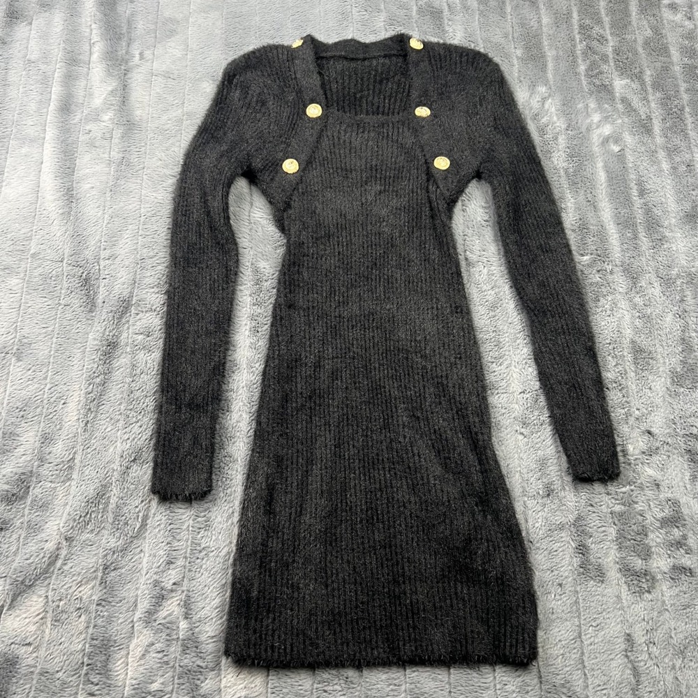 Commense Black Fuzzy Knit Mini Dress Gold Lion Button Square Neck Long Sleeve S